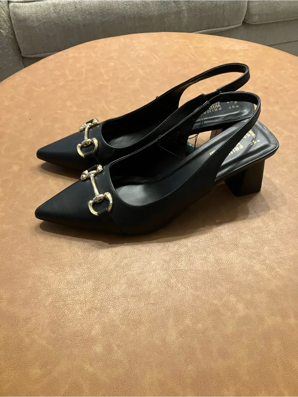 Primark Black Pointed Slingback Heels with Gold Horsebit